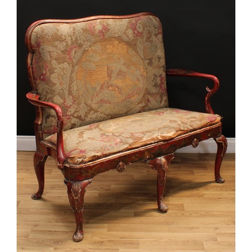 1060 - A George I Revival japanned sofa, cartouche shaped back, drop-in tapestry upholstery, decorated over... 