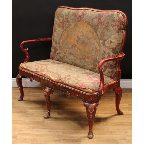 1060 - A George I Revival japanned sofa, cartouche shaped back, drop-in tapestry upholstery, decorated over... 