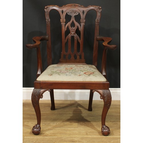 1380 - A pair of Chippendale Revival mahogany elbow chairs, serpentine cresting rails, shaped and pierced s... 