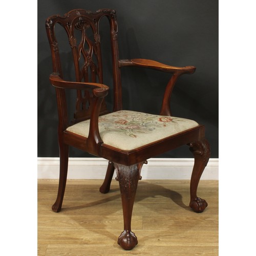 1380 - A pair of Chippendale Revival mahogany elbow chairs, serpentine cresting rails, shaped and pierced s... 