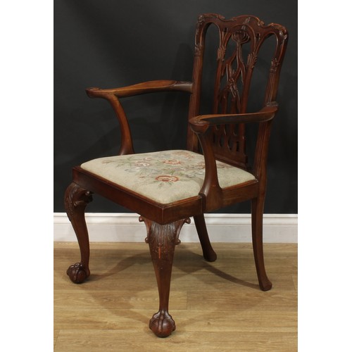 1380 - A pair of Chippendale Revival mahogany elbow chairs, serpentine cresting rails, shaped and pierced s... 