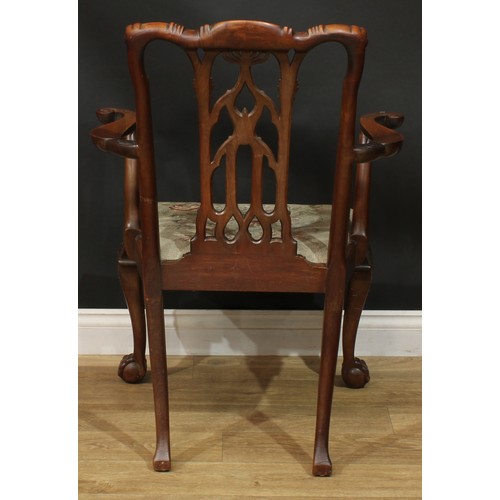 1380 - A pair of Chippendale Revival mahogany elbow chairs, serpentine cresting rails, shaped and pierced s... 