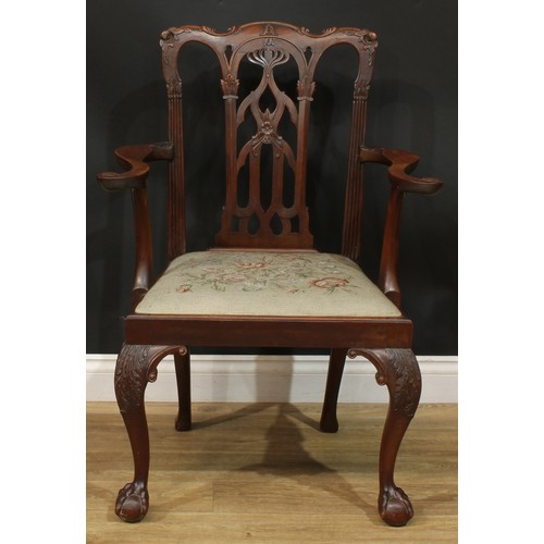 1380 - A pair of Chippendale Revival mahogany elbow chairs, serpentine cresting rails, shaped and pierced s... 