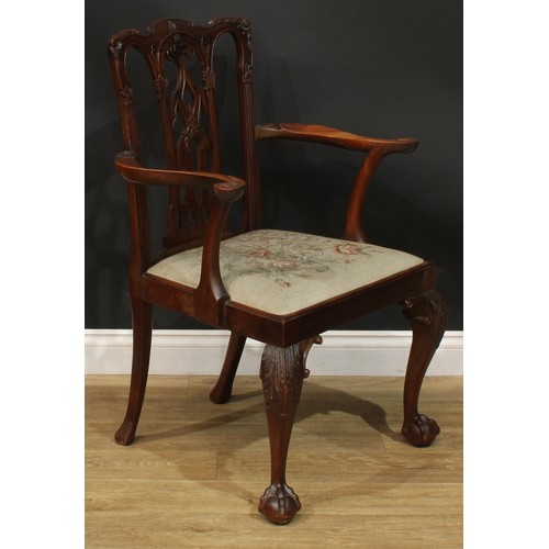 1380 - A pair of Chippendale Revival mahogany elbow chairs, serpentine cresting rails, shaped and pierced s... 