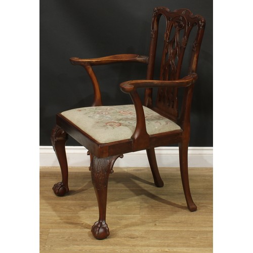 1380 - A pair of Chippendale Revival mahogany elbow chairs, serpentine cresting rails, shaped and pierced s... 