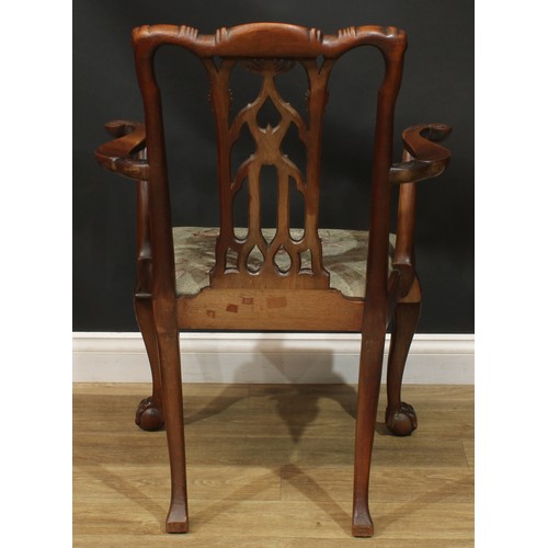 1380 - A pair of Chippendale Revival mahogany elbow chairs, serpentine cresting rails, shaped and pierced s... 