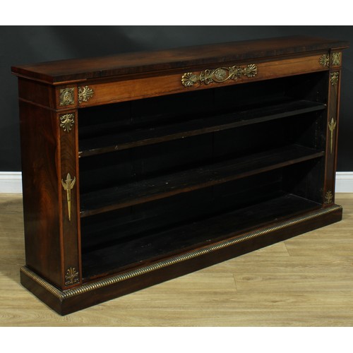 1419 - A Regency gilt metal mounted rosewood open library bookcase, oversailing top outlined with brass str... 