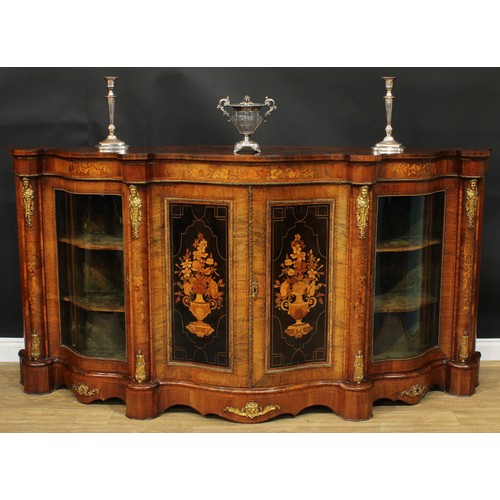 1291 - A large Victorian gilt metal mounted walnut and marquetry serpentine credenza, slightly oversailing ... 