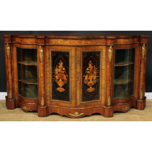 1291 - A large Victorian gilt metal mounted walnut and marquetry serpentine credenza, slightly oversailing ... 