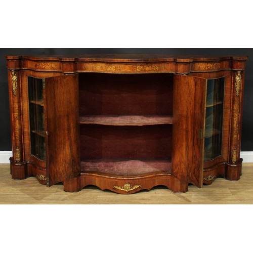 1291 - A large Victorian gilt metal mounted walnut and marquetry serpentine credenza, slightly oversailing ... 