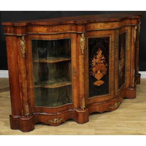 1291 - A large Victorian gilt metal mounted walnut and marquetry serpentine credenza, slightly oversailing ... 