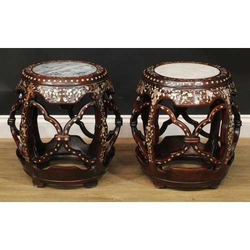 1376 - A pair of Chinese hardwood and mother of pearl marquetry barrel-form seats or low tables, each inlai... 