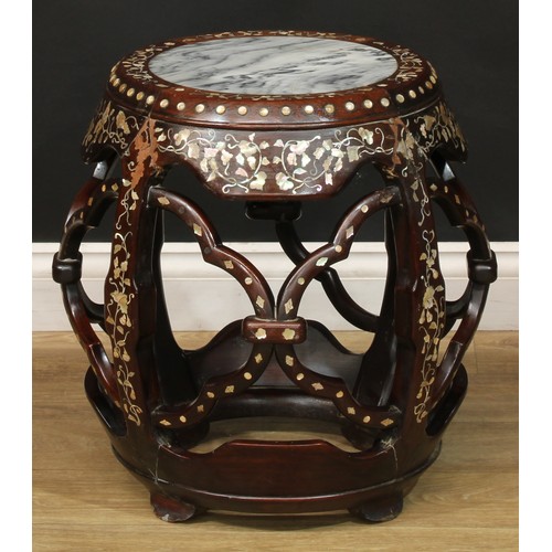 1376 - A pair of Chinese hardwood and mother of pearl marquetry barrel-form seats or low tables, each inlai... 