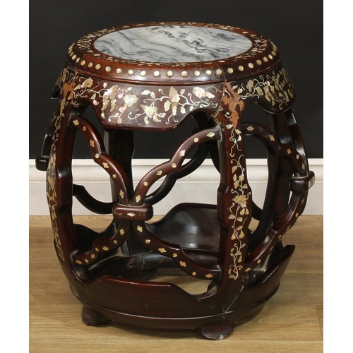 1376 - A pair of Chinese hardwood and mother of pearl marquetry barrel-form seats or low tables, each inlai... 