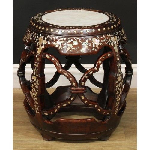 1376 - A pair of Chinese hardwood and mother of pearl marquetry barrel-form seats or low tables, each inlai... 