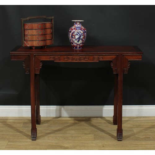 1024 - A Chinese hardwood and burr altar table, of domestic proportions, rectangular top above a shaped fri... 