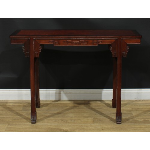 1024 - A Chinese hardwood and burr altar table, of domestic proportions, rectangular top above a shaped fri... 