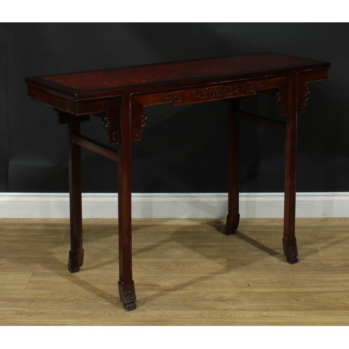 1024 - A Chinese hardwood and burr altar table, of domestic proportions, rectangular top above a shaped fri... 