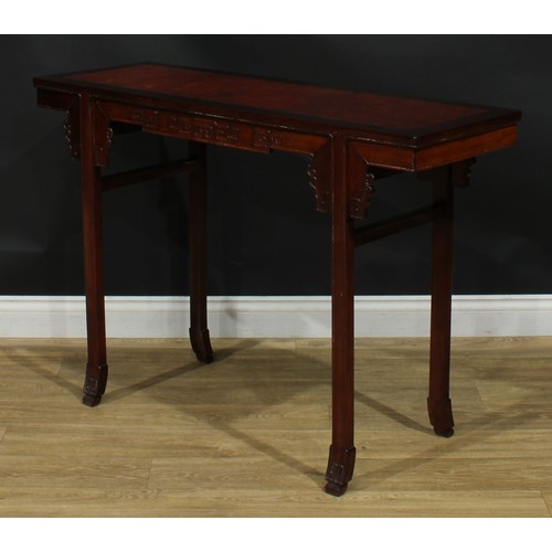 1024 - A Chinese hardwood and burr altar table, of domestic proportions, rectangular top above a shaped fri... 