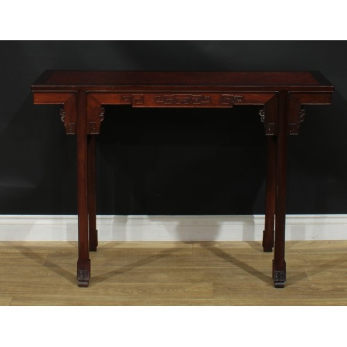 1024 - A Chinese hardwood and burr altar table, of domestic proportions, rectangular top above a shaped fri... 