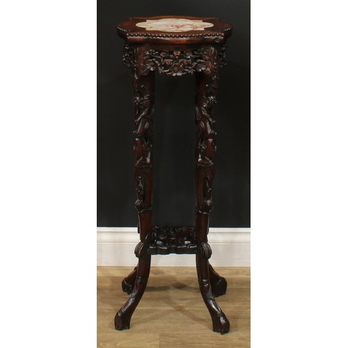 1030 - A Chinese hardwood jardiniere stand, lobed square top with beaded border and inset marble panel abov... 