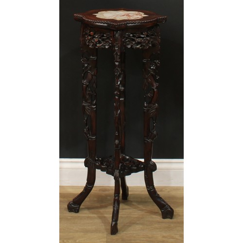 1030 - A Chinese hardwood jardiniere stand, lobed square top with beaded border and inset marble panel abov... 