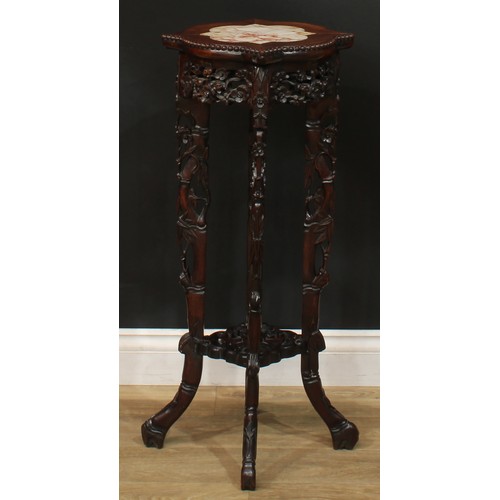 1030 - A Chinese hardwood jardiniere stand, lobed square top with beaded border and inset marble panel abov... 