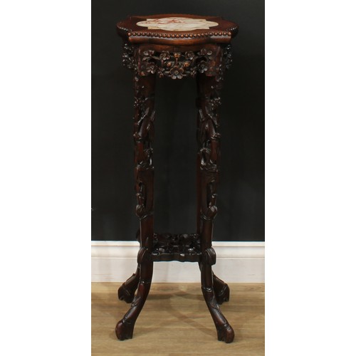 1030 - A Chinese hardwood jardiniere stand, lobed square top with beaded border and inset marble panel abov... 