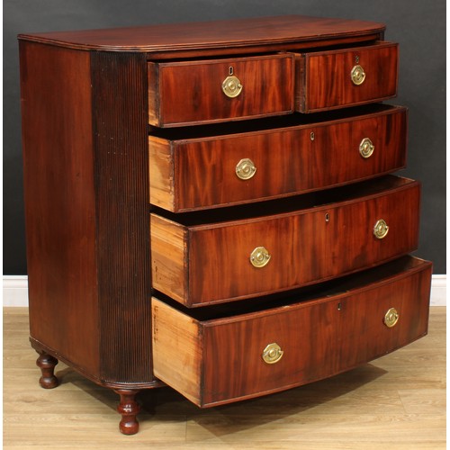 923 - A 19th century mahogany D-shaped chest, possibly Channel Islands, slightly oversailing top with reed... 