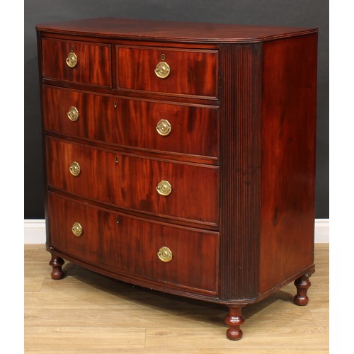 923 - A 19th century mahogany D-shaped chest, possibly Channel Islands, slightly oversailing top with reed... 