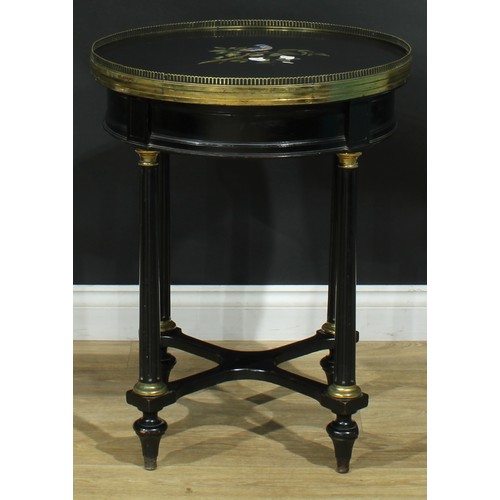 1323 - A late 19th century gilt metal mounted pietra dura and ebonised centre table, circular top with pier... 