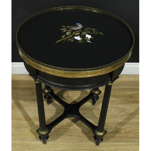 1323 - A late 19th century gilt metal mounted pietra dura and ebonised centre table, circular top with pier... 