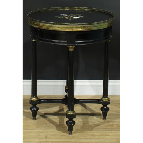 1323 - A late 19th century gilt metal mounted pietra dura and ebonised centre table, circular top with pier... 