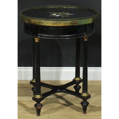 1323 - A late 19th century gilt metal mounted pietra dura and ebonised centre table, circular top with pier... 