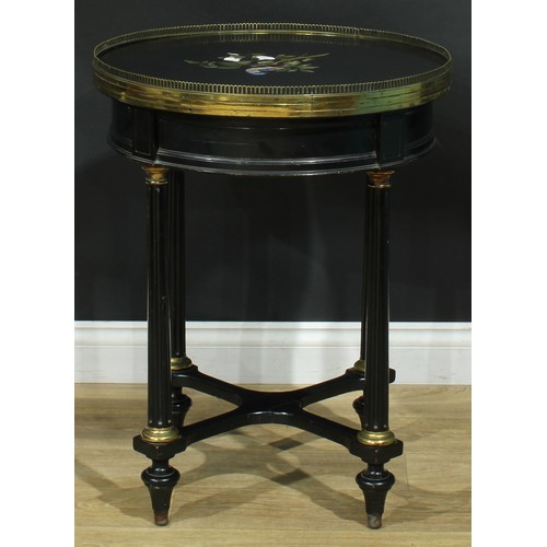 1323 - A late 19th century gilt metal mounted pietra dura and ebonised centre table, circular top with pier... 