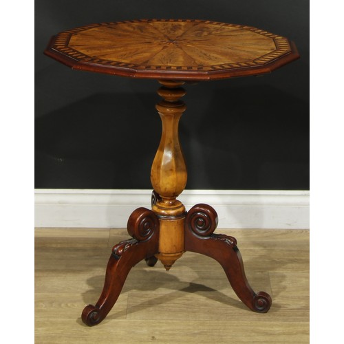 999 - A 19th century specimen timber parquetry tripod occasional table, dodecagonal tilting top, panelled ... 