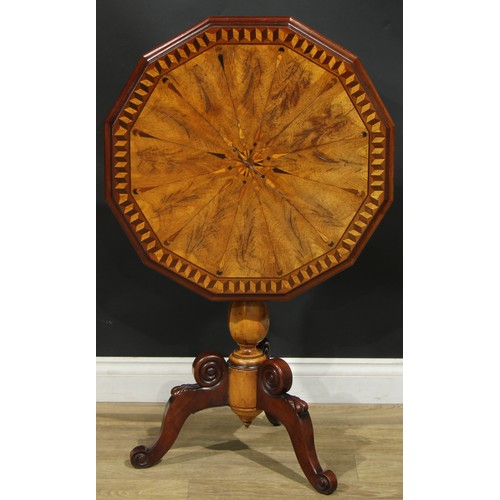 999 - A 19th century specimen timber parquetry tripod occasional table, dodecagonal tilting top, panelled ... 