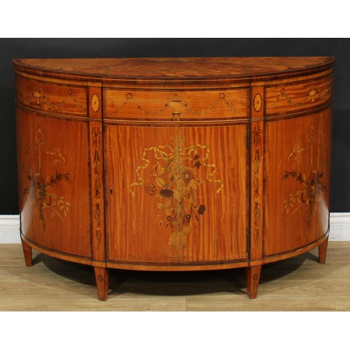 1132 - A Sheraton design satinwood and marquetry demilune side cabinet, rosewood crossbanded top with radia... 