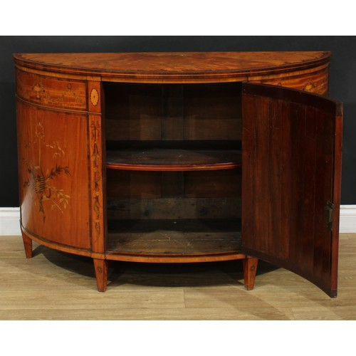 1132 - A Sheraton design satinwood and marquetry demilune side cabinet, rosewood crossbanded top with radia... 