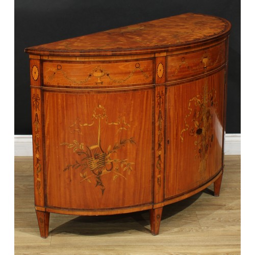 1132 - A Sheraton design satinwood and marquetry demilune side cabinet, rosewood crossbanded top with radia... 