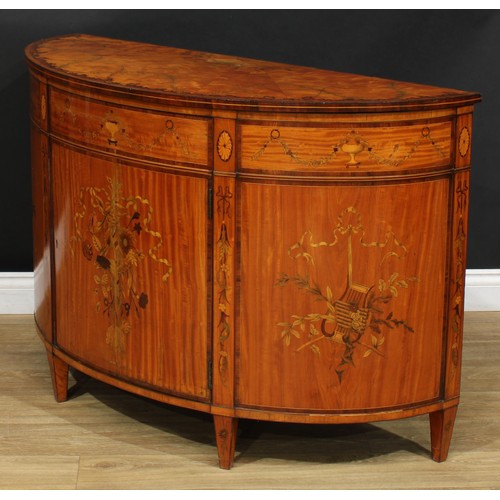 1132 - A Sheraton design satinwood and marquetry demilune side cabinet, rosewood crossbanded top with radia... 