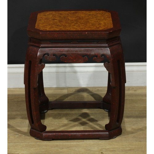 1047 - A Chinese inspired cinnabar-coloured splash lacquer and simulated burr fish bowl or jardiniere stand... 