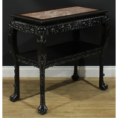 1035 - A Chinese hardwood porcelain table, rectangular top with beaded border and inset marble panel above ... 