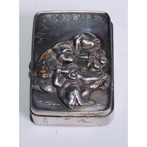 157 - A Japanese silver and enamel rounded rectangular snuff box, hinged cover applied with three wise mon... 