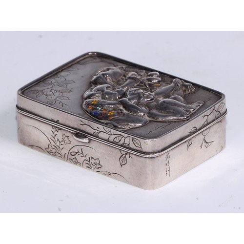 157 - A Japanese silver and enamel rounded rectangular snuff box, hinged cover applied with three wise mon... 