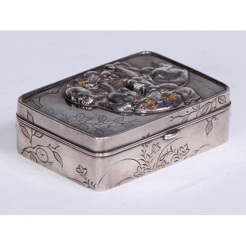 157 - A Japanese silver and enamel rounded rectangular snuff box, hinged cover applied with three wise mon... 