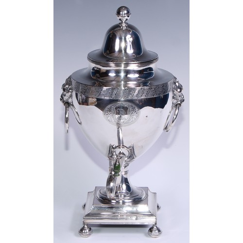 13 - A George III Old Sheffield Plate pedestal coffee urn, domed cover with ball finial, lion mask handle... 