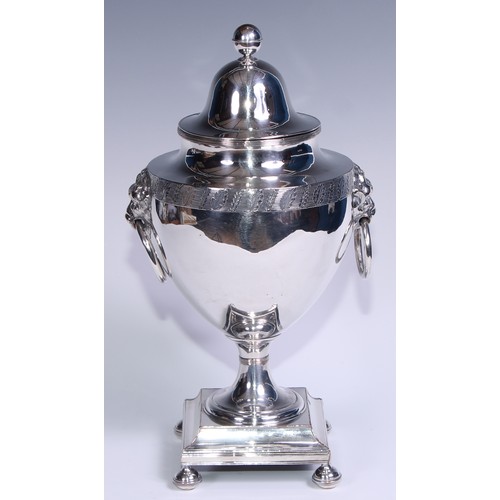 13 - A George III Old Sheffield Plate pedestal coffee urn, domed cover with ball finial, lion mask handle... 