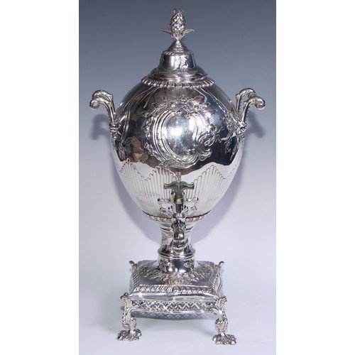 19 - A George III Rococo Old Sheffield Plate ovoid pedestal tea urn or samovar, domed cover with pineappl... 