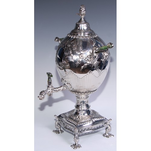 19 - A George III Rococo Old Sheffield Plate ovoid pedestal tea urn or samovar, domed cover with pineappl... 